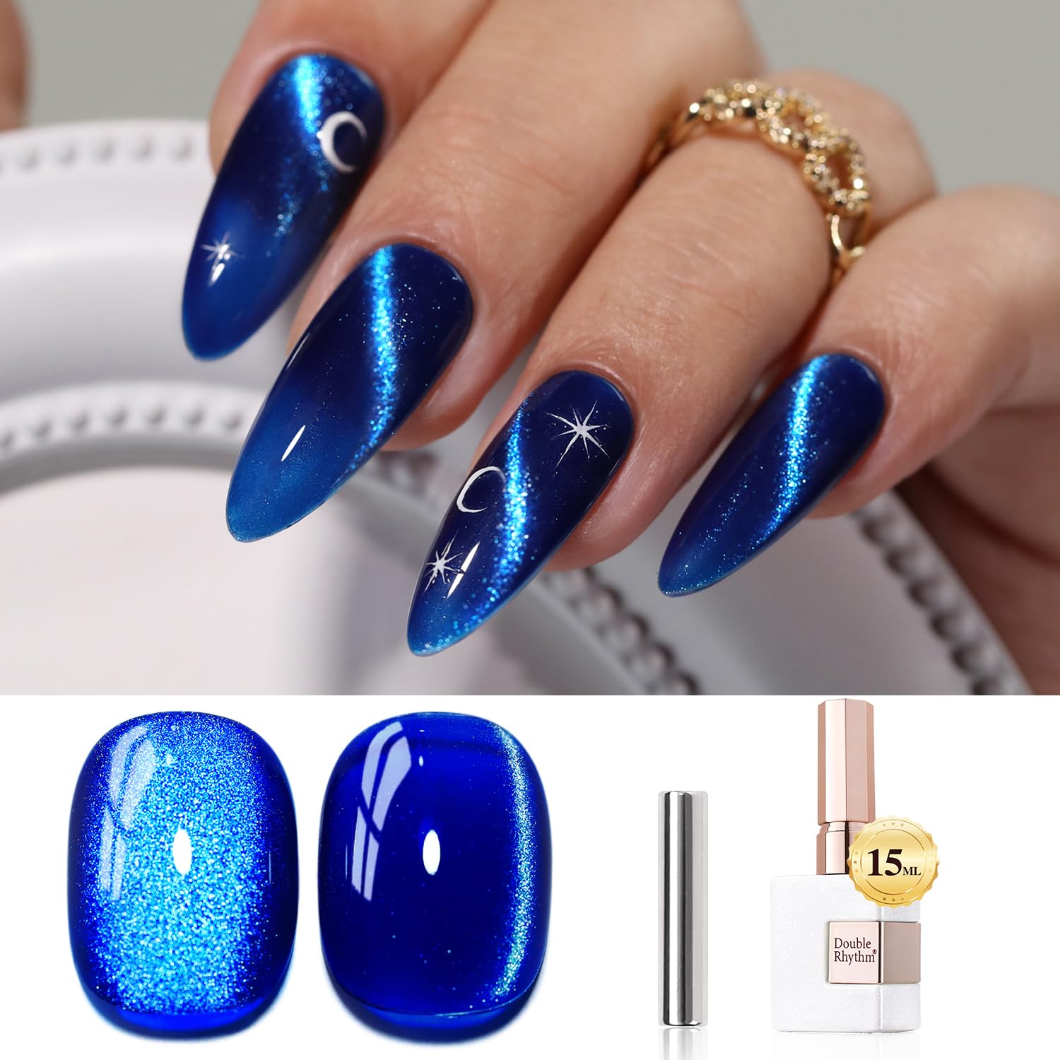 Double Rhythm cat eye polish with magnet close-up showing shimmering effect