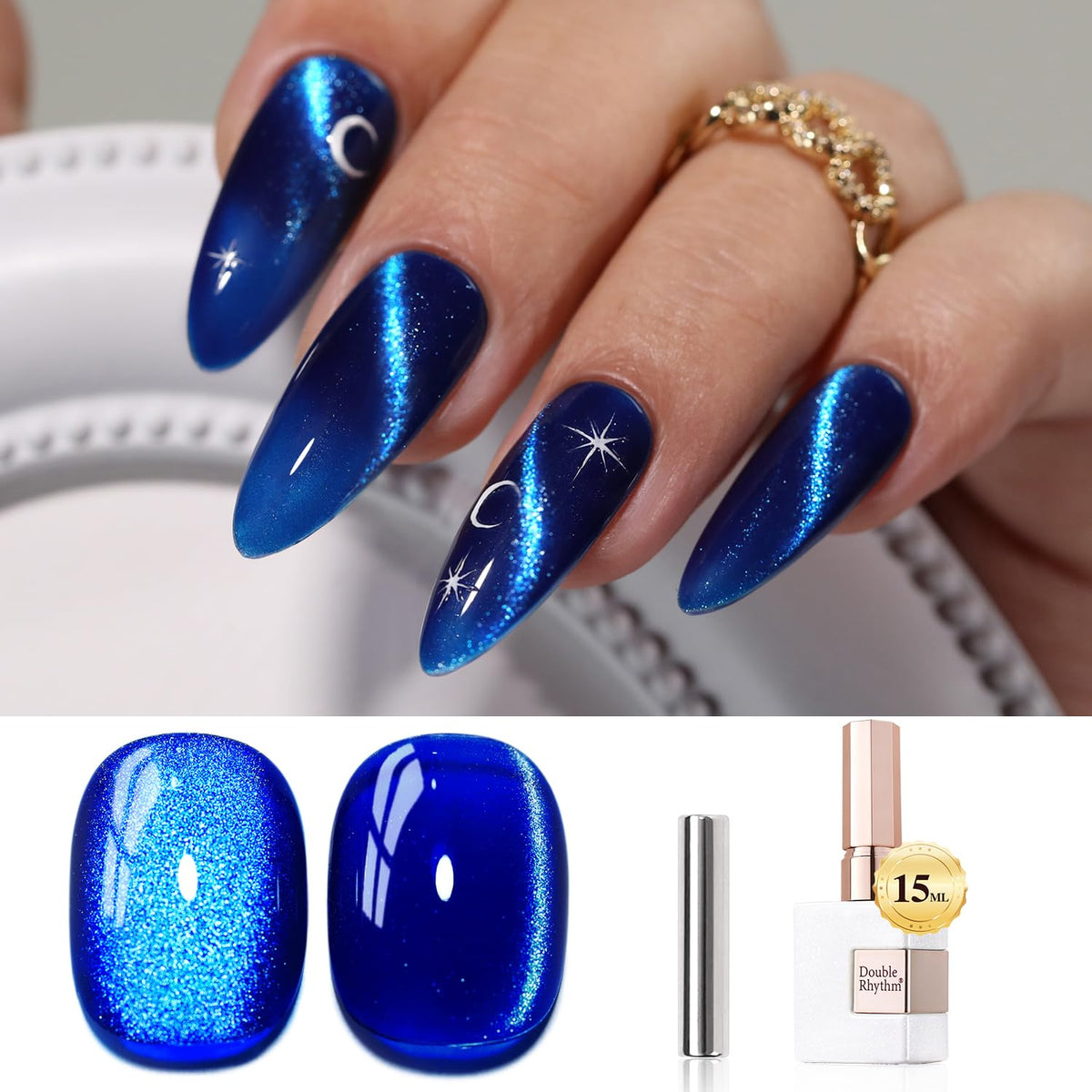 Double Rhythm cat eye polish with magnet close-up showing shimmering effect