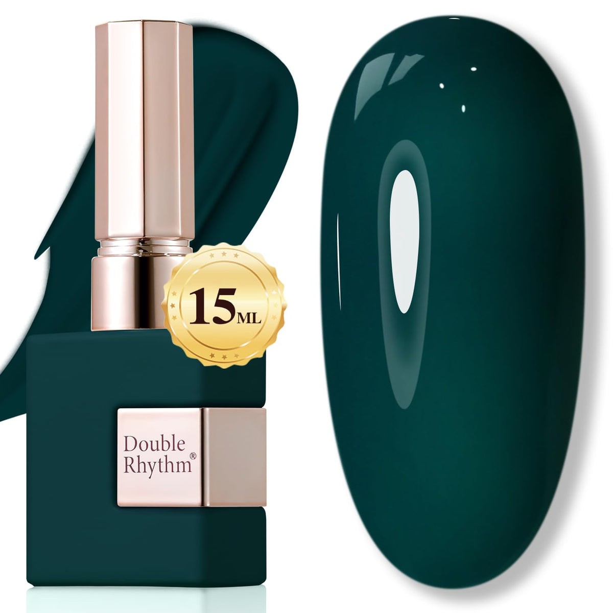 Double Rhythm deep-green gel polish bottle ready for at-home manicure with salon-like shine.
