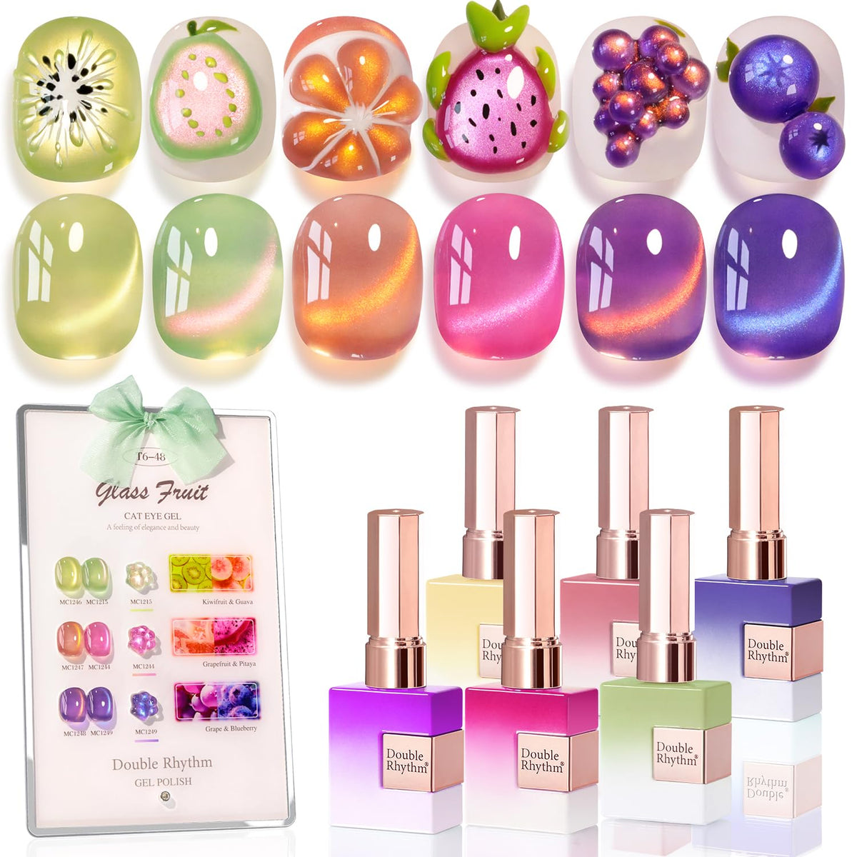Double Rhythm Glass Rose Pink 6-piece gel polish set for cohesive home manicures with shimmer