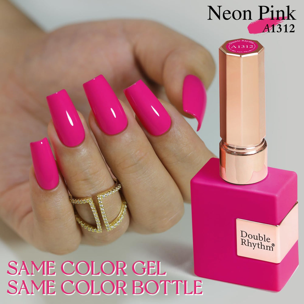 Swatch of Double Rhythm hot pink gel polish on a nail with shine.