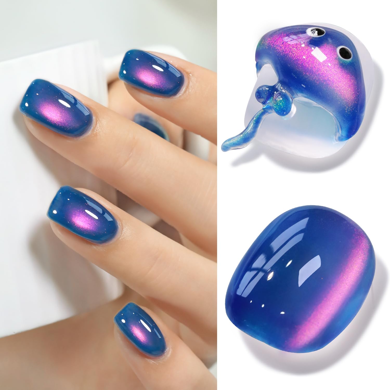 Double Rhythm jelly glass cat eye navy blue 15ml bottle with magnetic shift for chic nails.