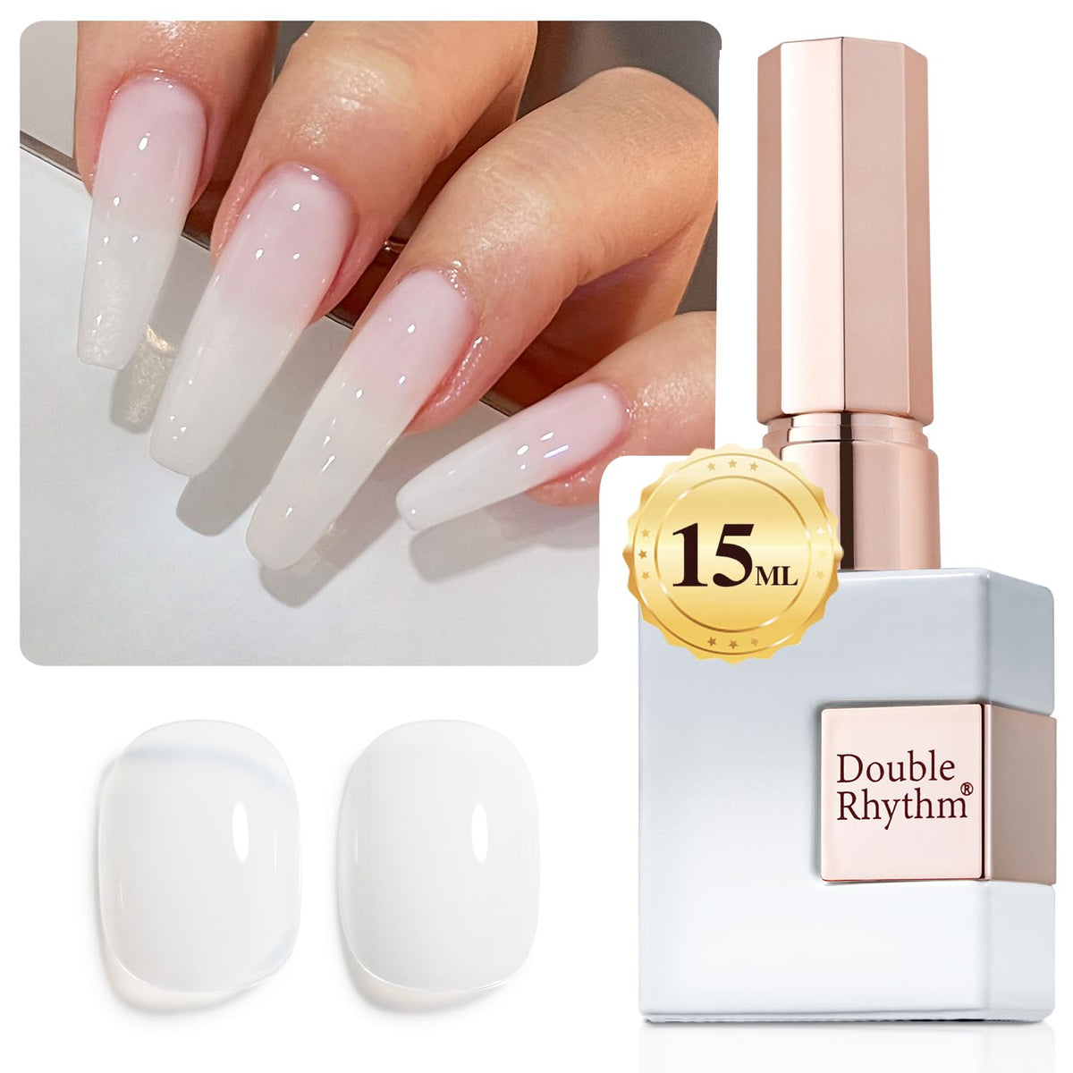 Double Rhythm jelly milky polish bottle shows translucent finish.