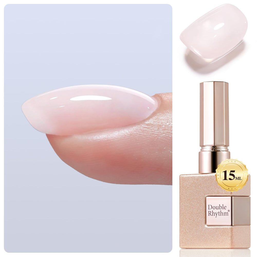 Double Rhythm gel bottle close-up in nude pink showing 8-in-1 formula for stronger nails.