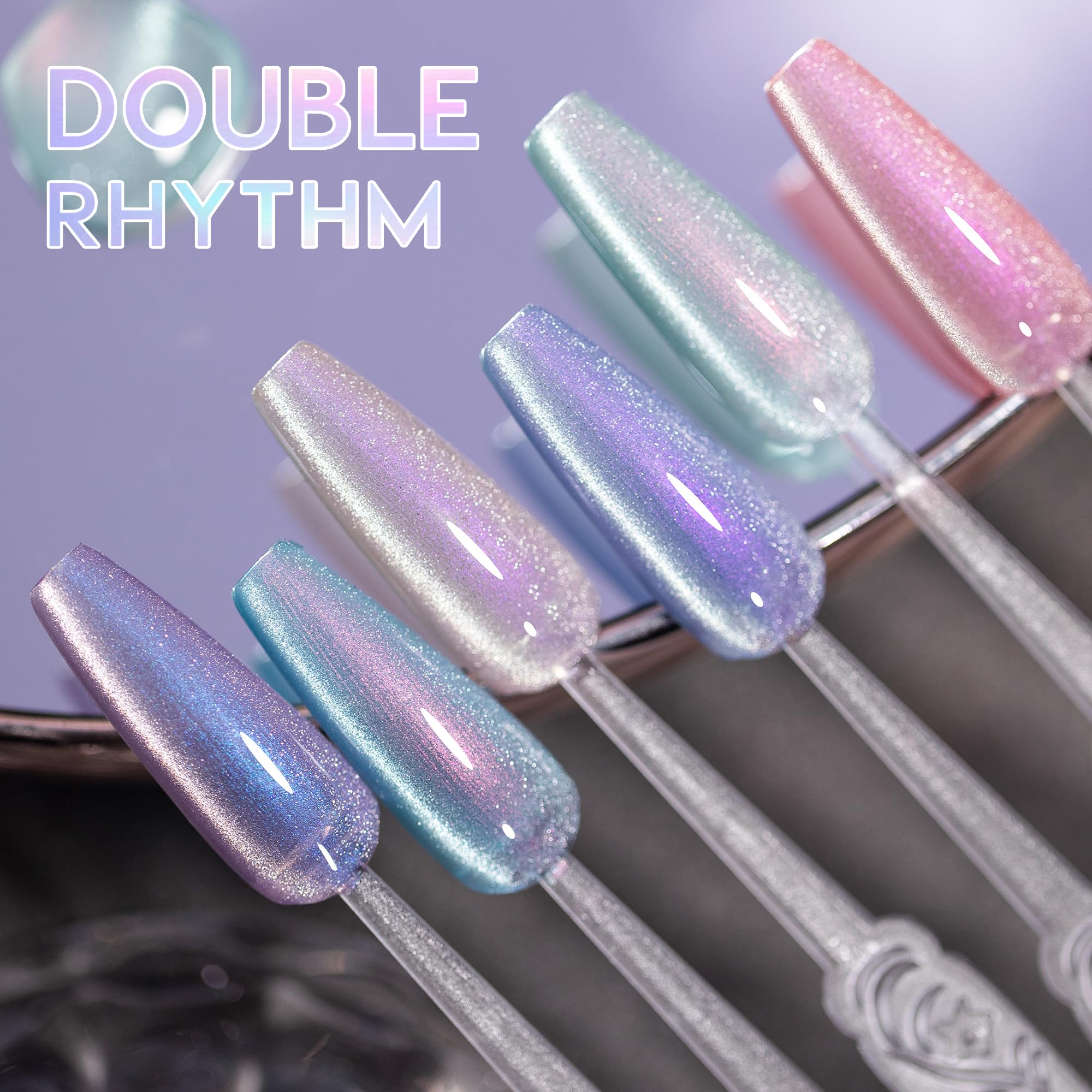 Double Rhythm nails with cat-eye effect demonstrate elegant reflection on real nails.