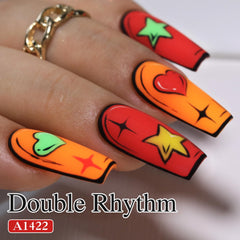 Double Rhythm neon red gel polish curing under UV lamp