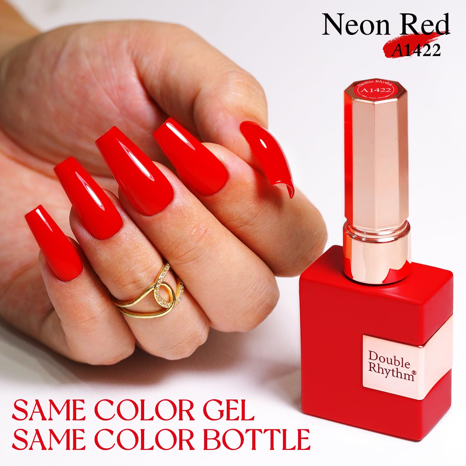 Double Rhythm neon red gel polish on nails with glossy finish