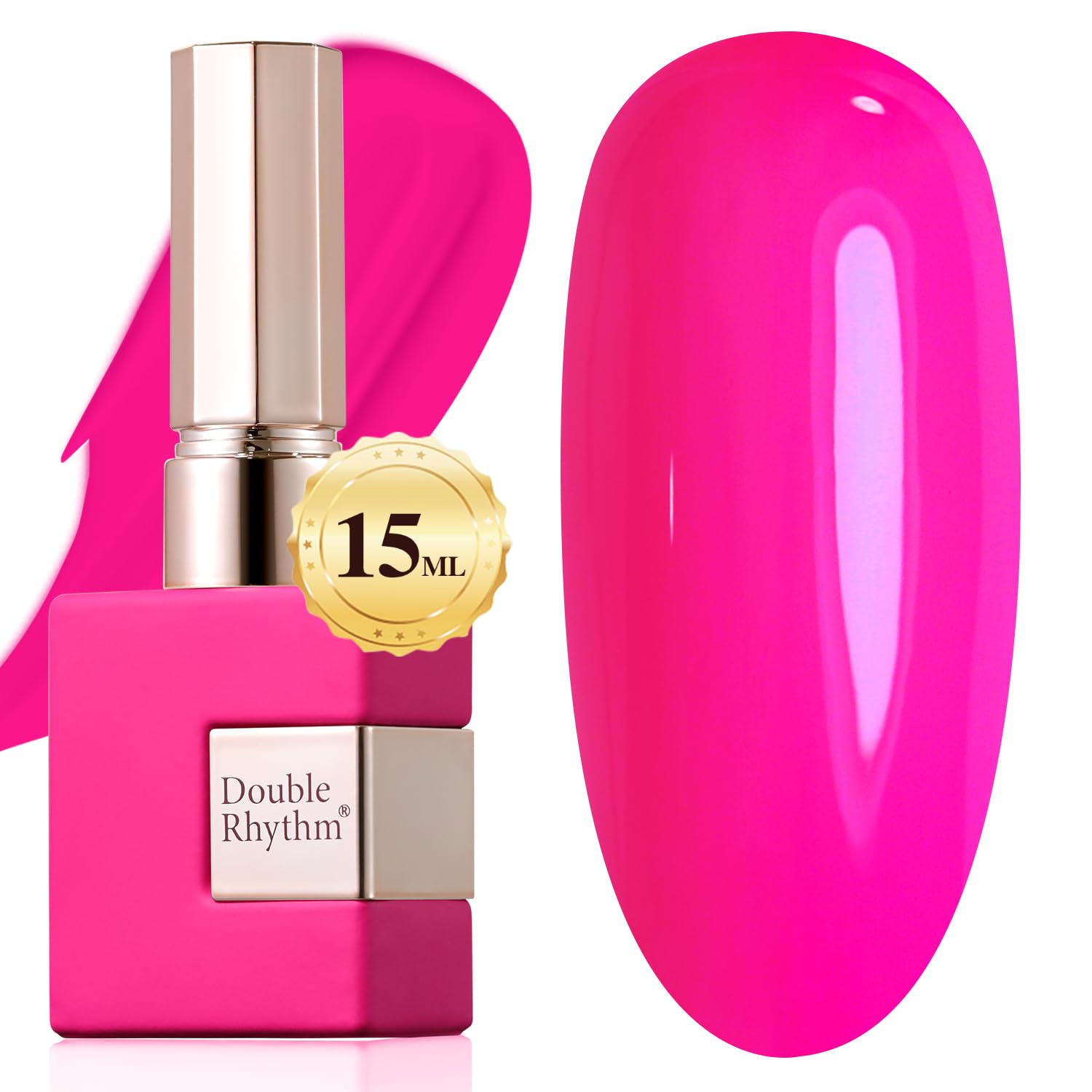 Double Rhythm gel polish bottle in pure sheer hot pink showing color and branding.