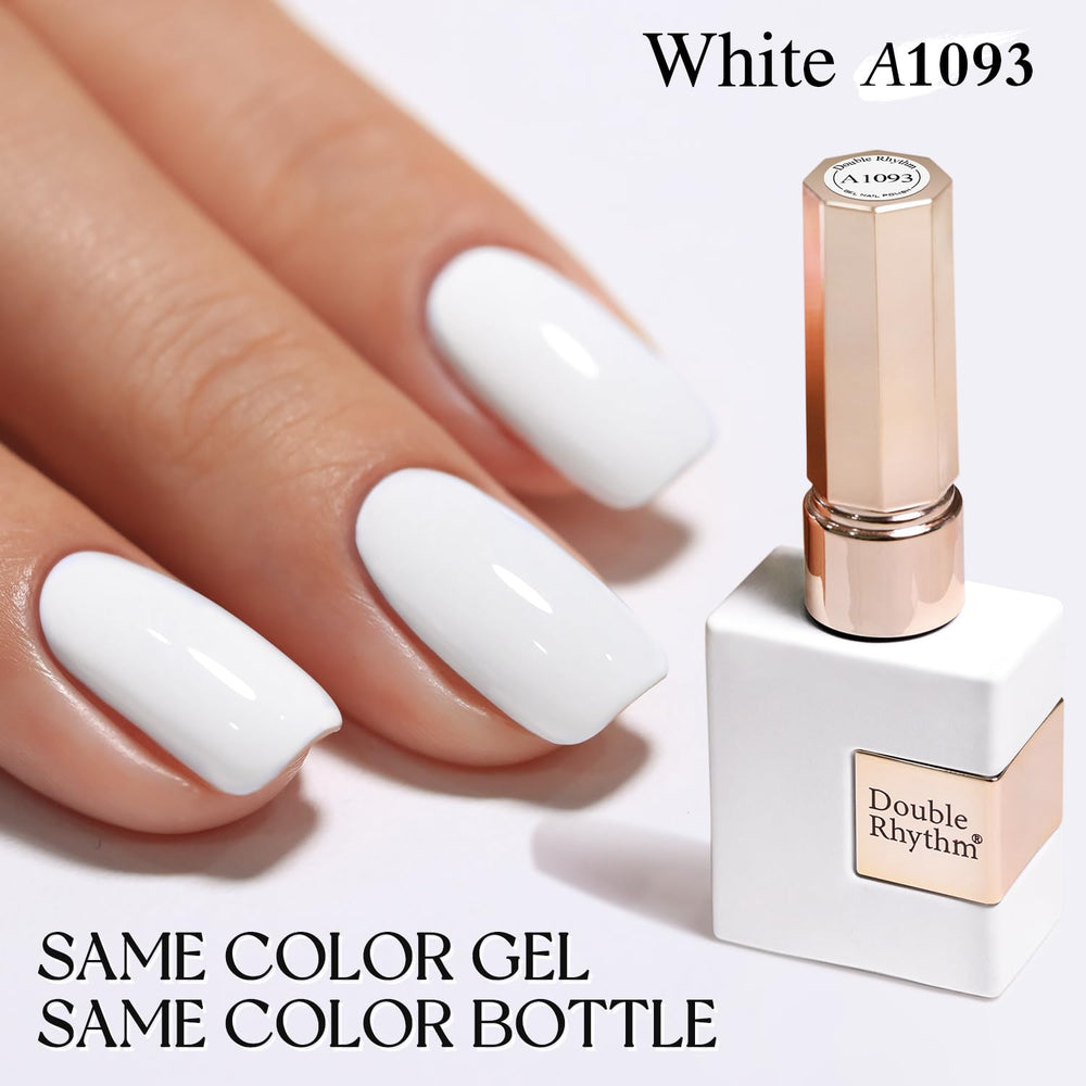 Nail swatch with Double Rhythm white sheer gel polish for crisp manicure