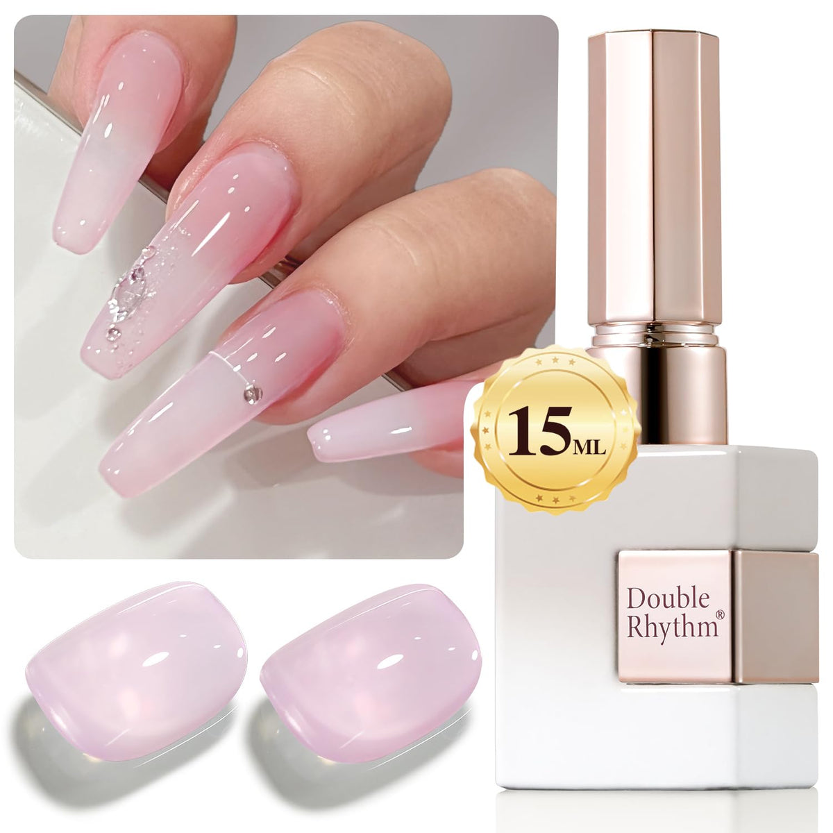 Double Rhythm translucent gel polish bottle showing milky pink shade for at-home nail art.