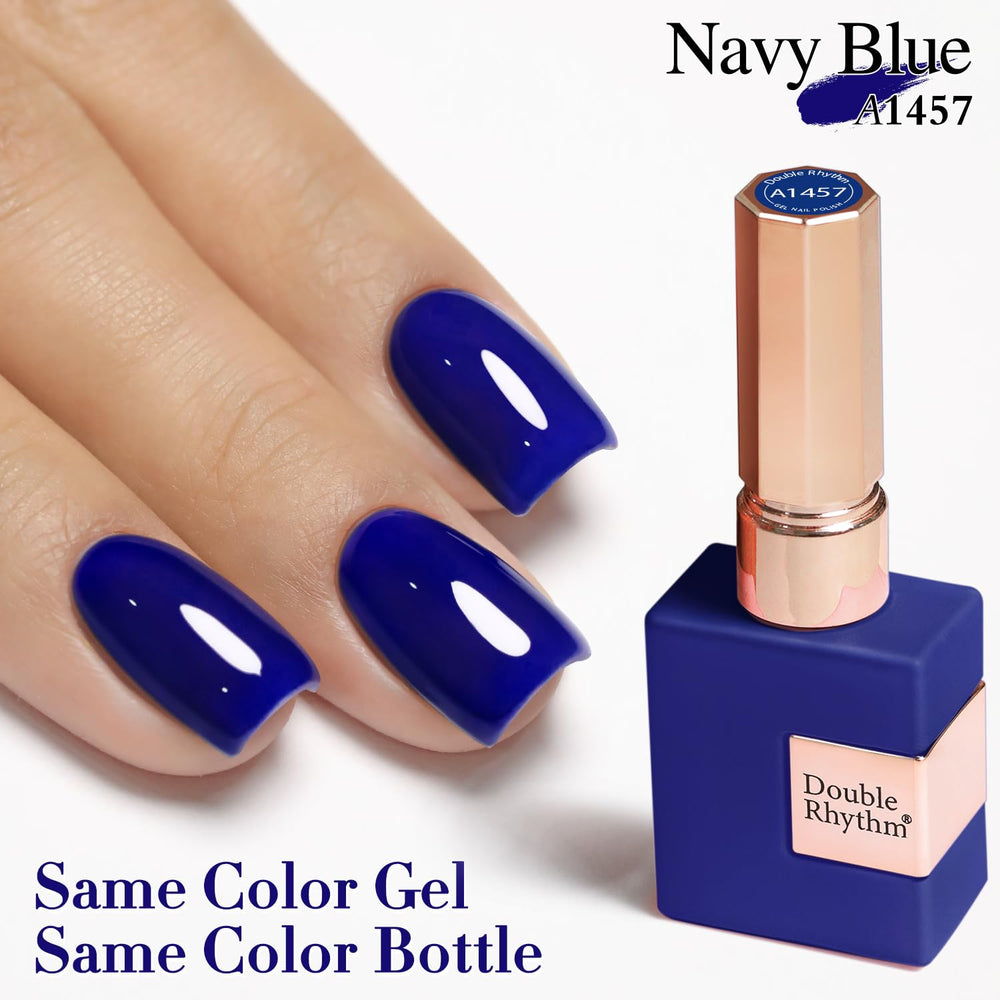 Double Rhythm navy gel polish curing under UV/LED for durable wear.