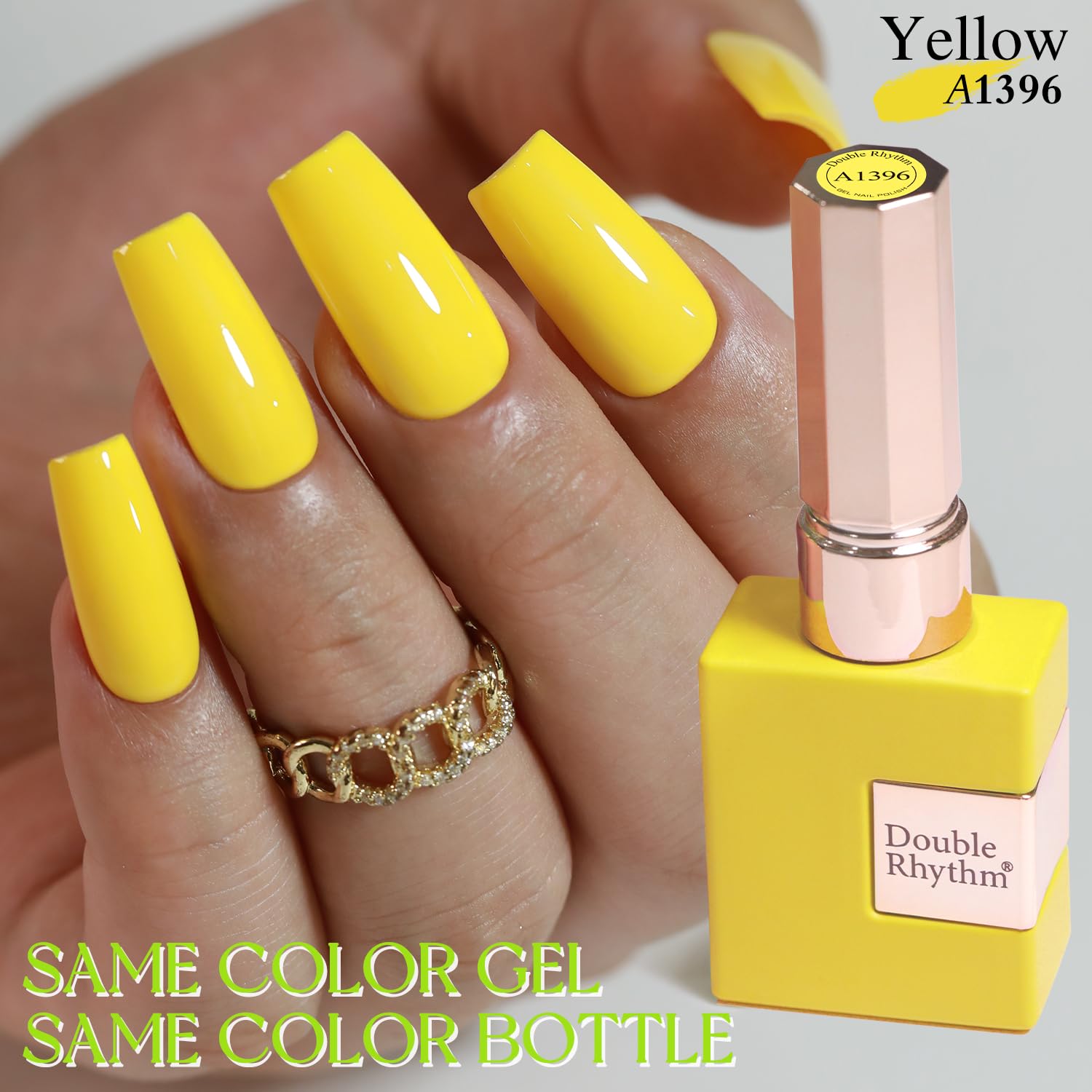 Double Rhythm yellow gel nail swatch demonstrates true sheer color for precise matching.
