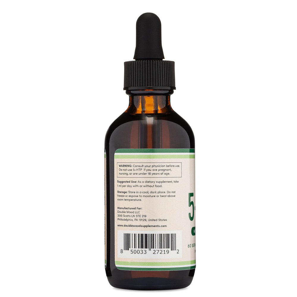 Double Wood 5HTP drops closeup label communicates potency and ingredients