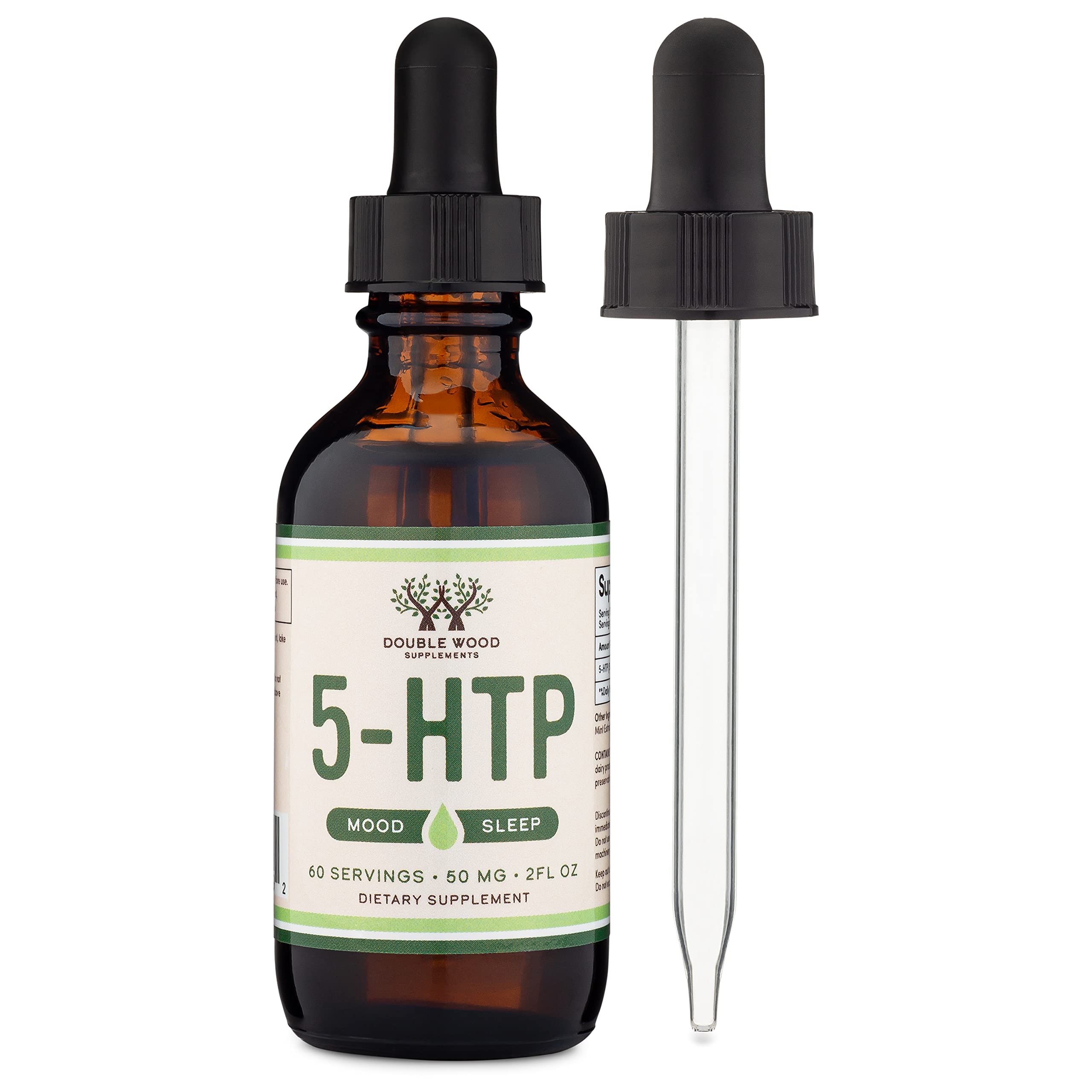 Double Wood 5HTP liquid drops dosage instructions shown for simple use