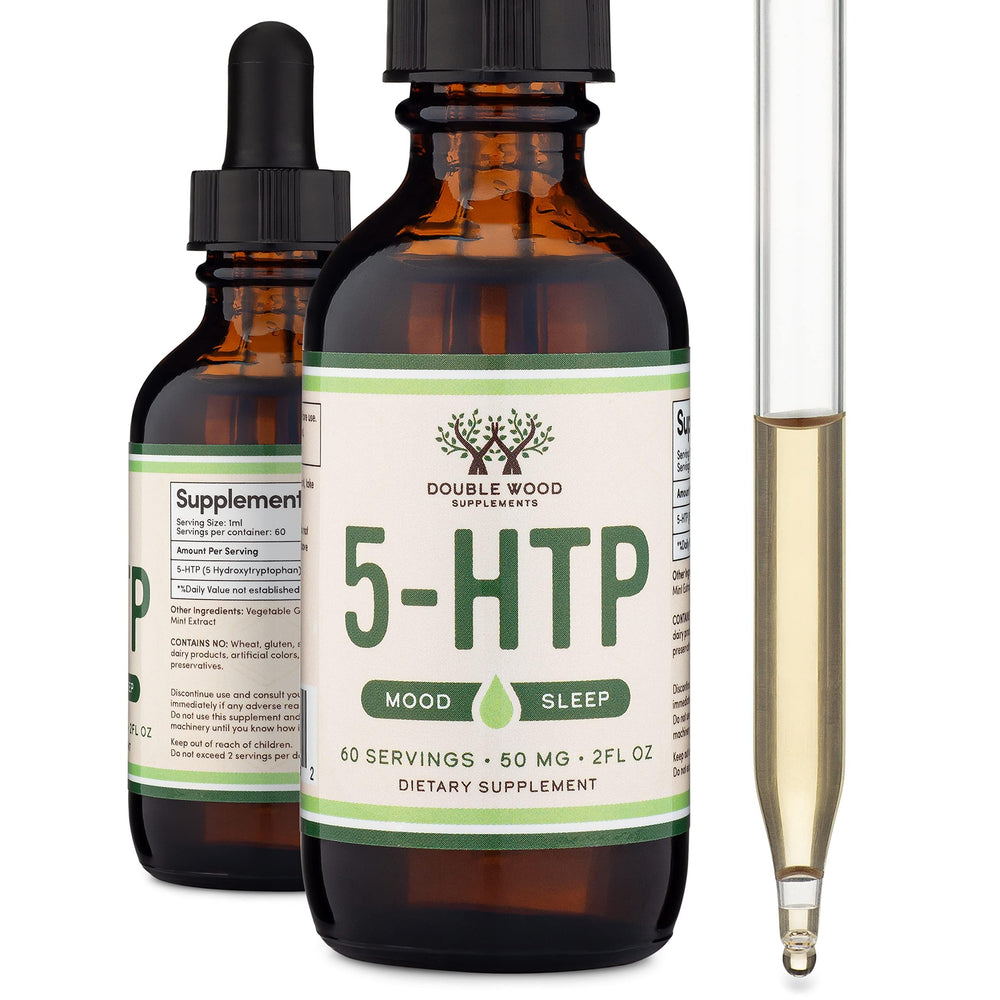 Double Wood 5HTP liquid drops bottle highlights 50 mg servings for daily support