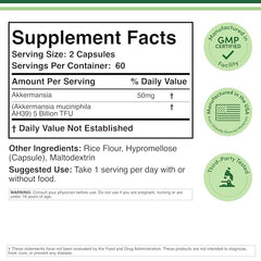 Double Wood Akkermansia capsules close-up highlighting 5 Billion TFU per serving