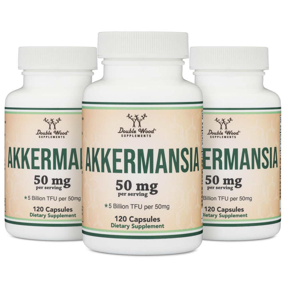 Double Wood Akkermansia product packaging for convenient 60-serving bottle