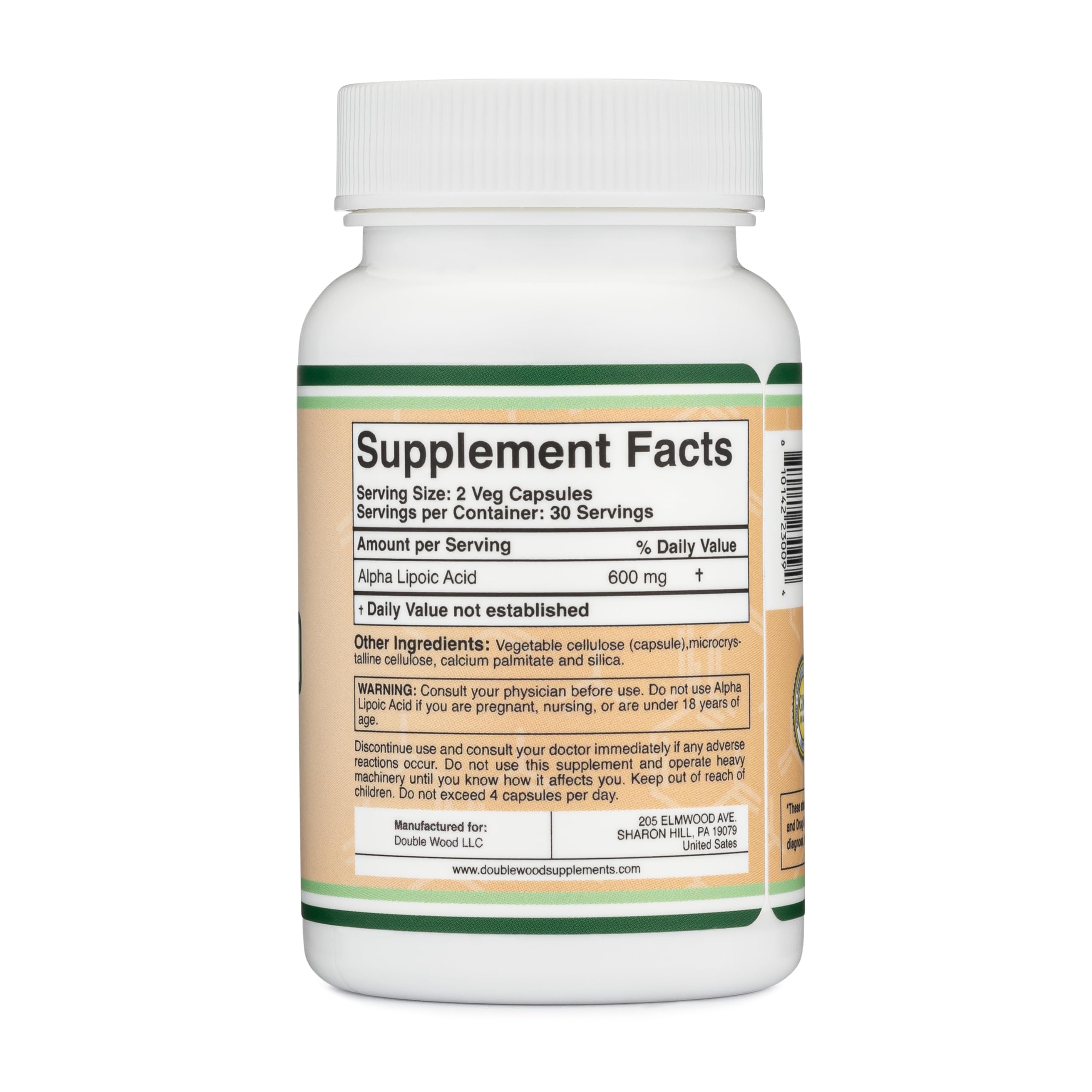 Double Wood Alpha Lipoic Acid gluten-free and non-GMO icons on label.
