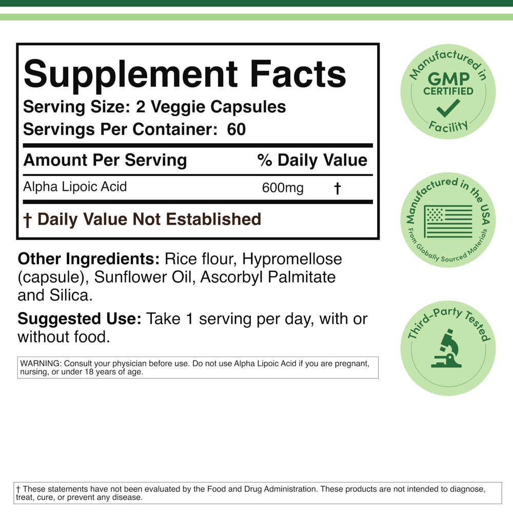 USA-made Double Wood Alpha Lipoic Acid bottle on a clean surface