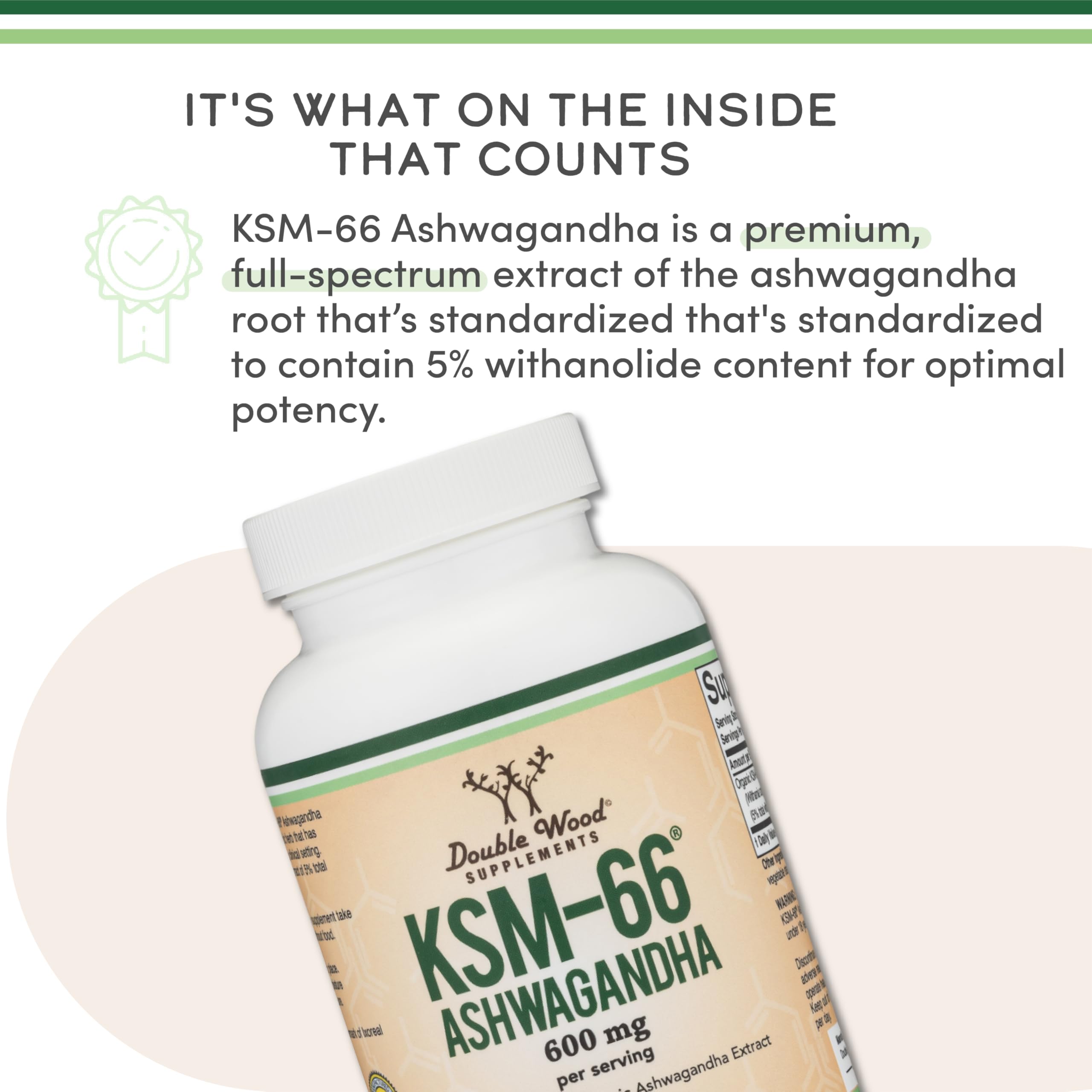 Pour shot of Double Wood Ashwagandha KSM 66 capsules