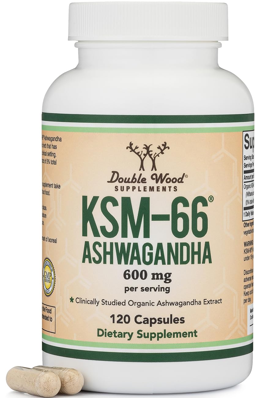 Double Wood Ashwagandha KSM 66 bottle shows potent adaptogen for daily calm