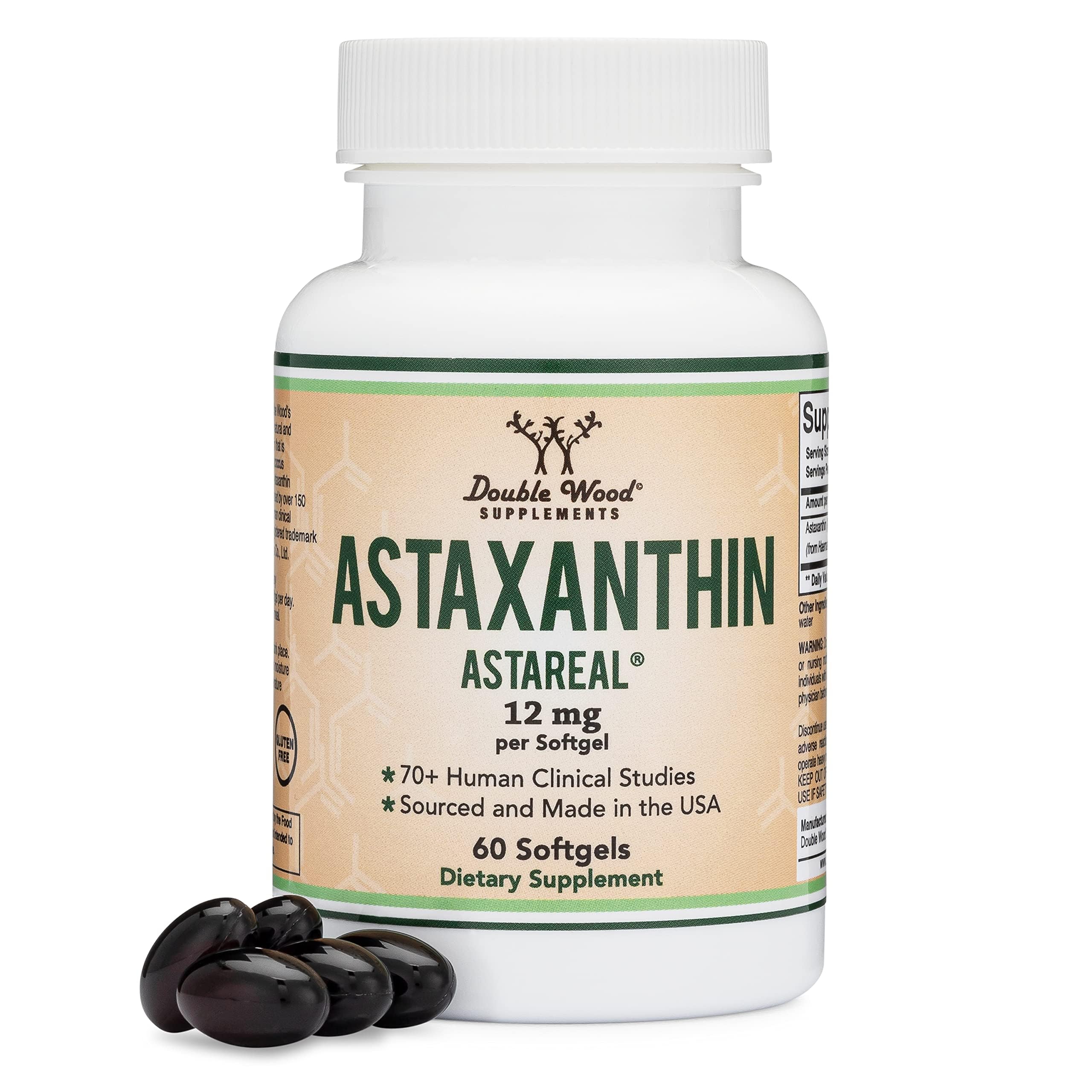 Double Wood Astaxanthin 12mg bottle on table for daily antioxidant support.