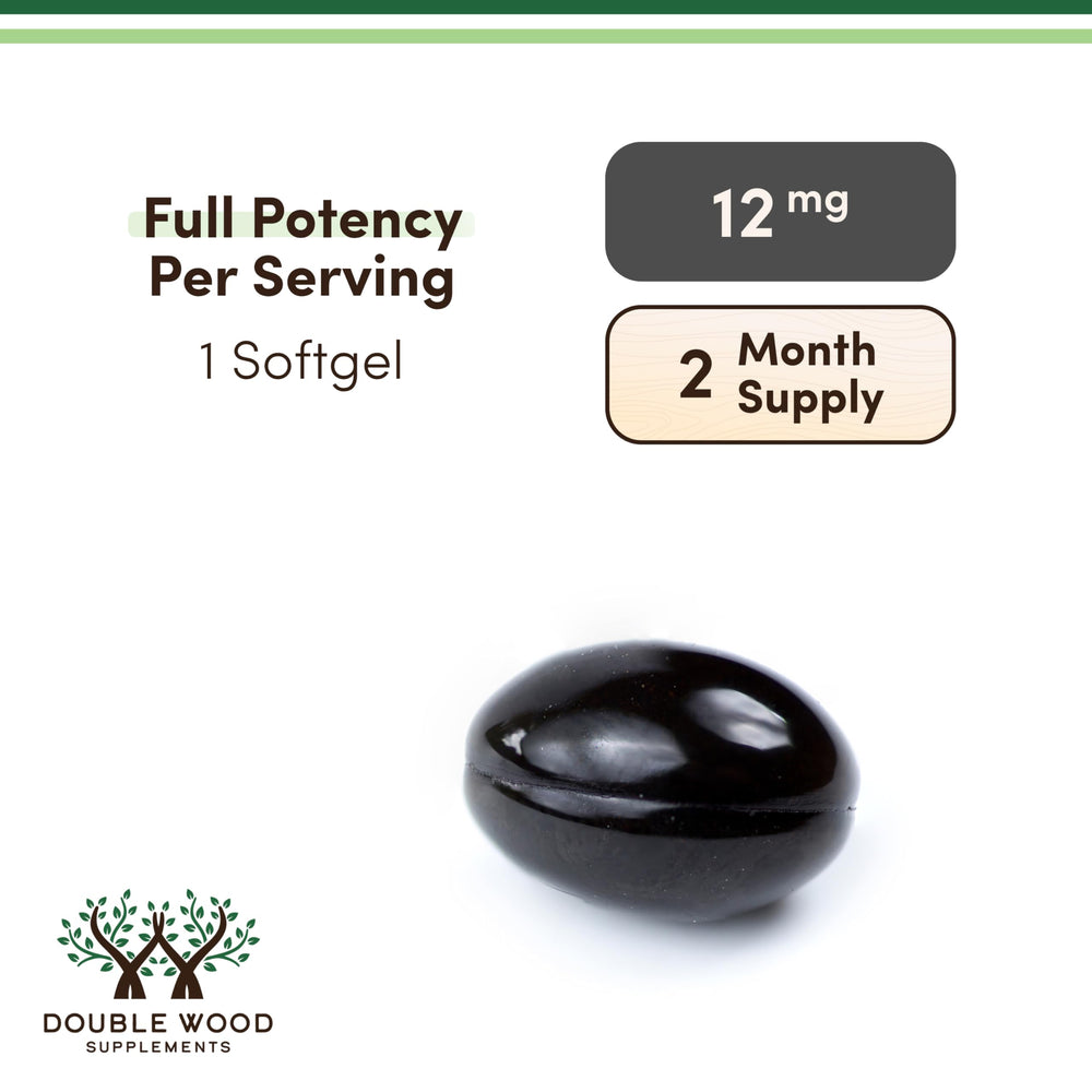Dosage information visible on the Double Wood Astaxanthin bottle for easy dosing.