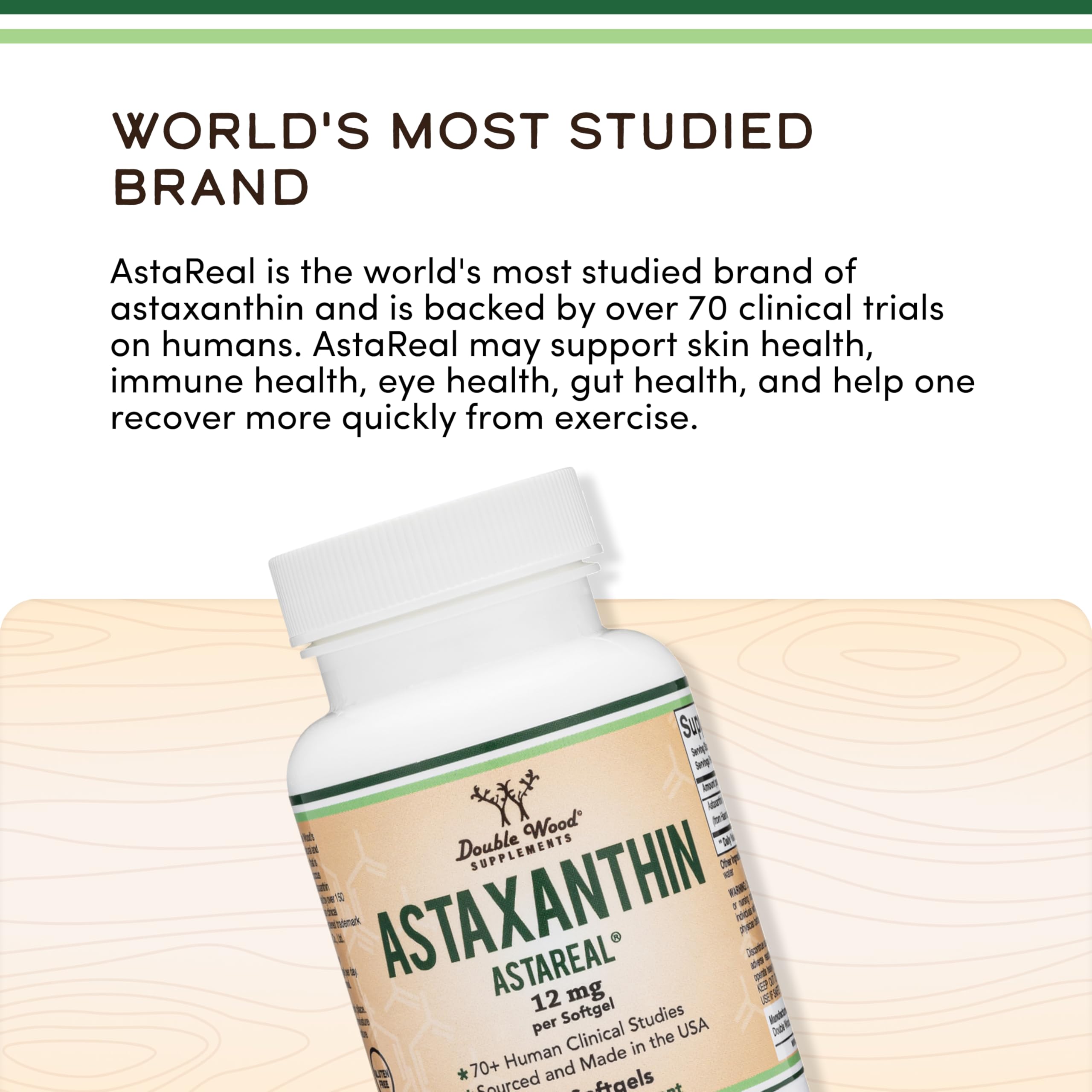 USA-made badge on the Double Wood Astaxanthin bottle signaling quality.