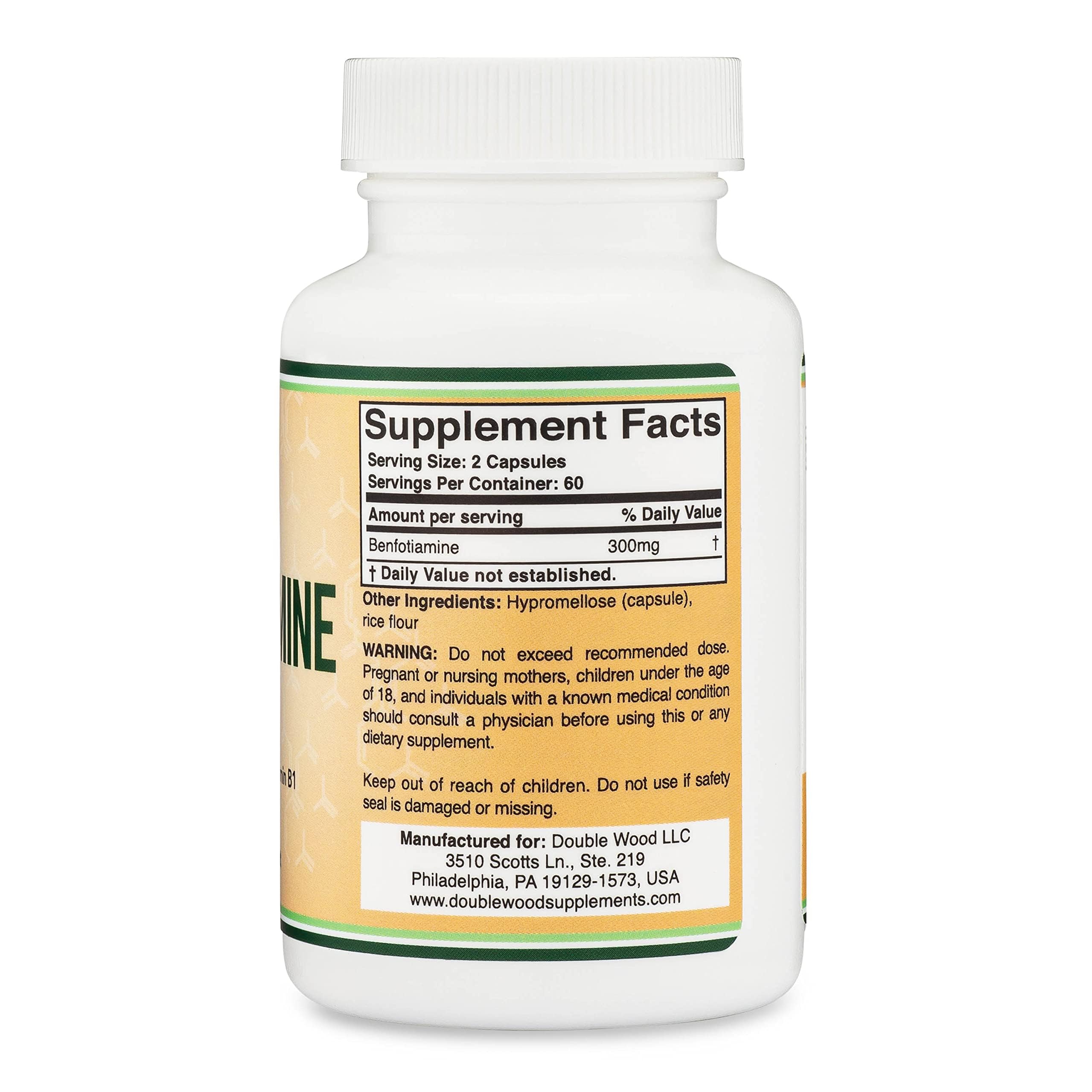 Double Wood Benfotiamine bottle back label with serving sizes and directions