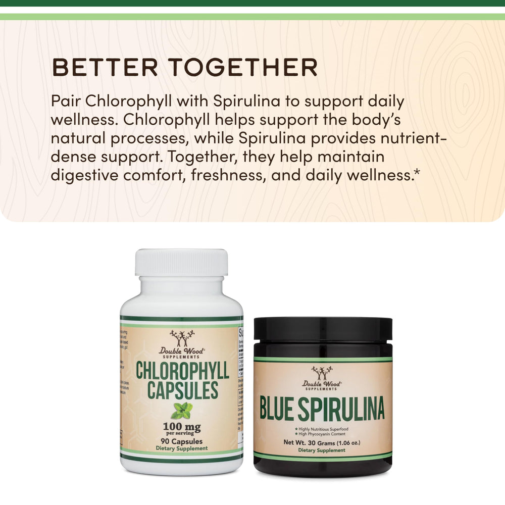 Double Wood Chlorophyll capsules bottle beside a glass of water implies simple daily use