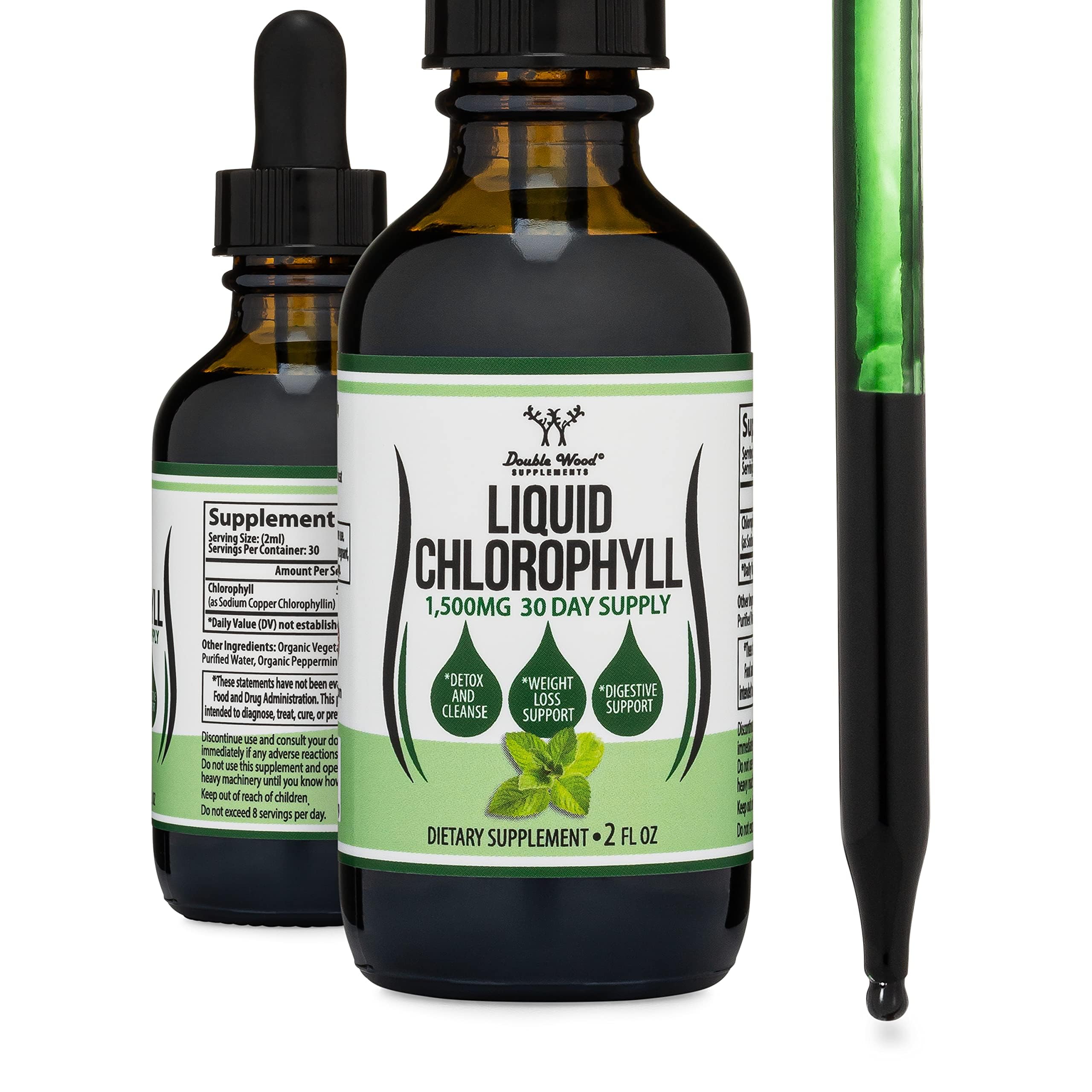 Double Wood Chlorophyll liquid drops bottle pour highlighting peppermint flavor for daily hydration