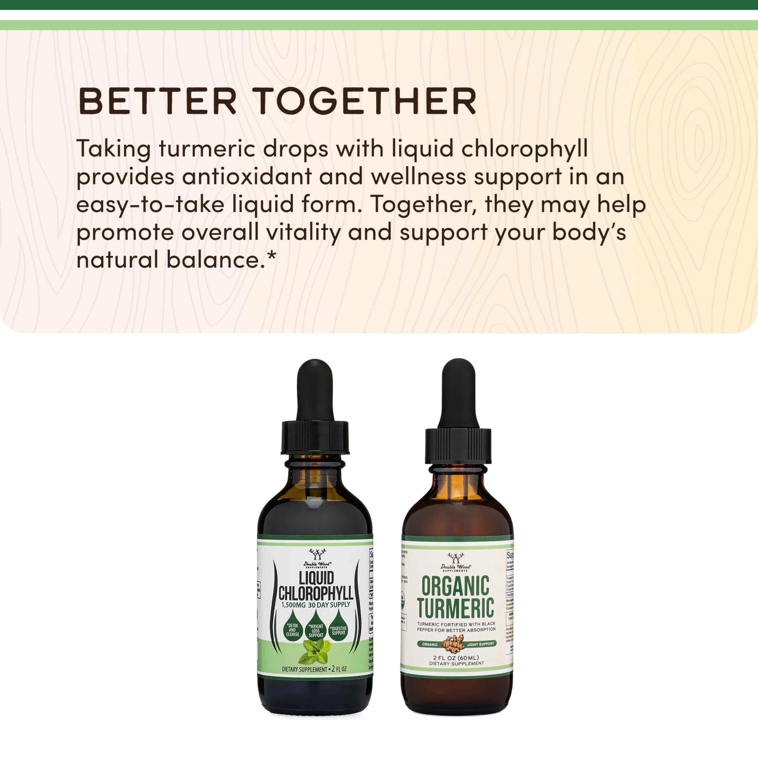 Double Wood Chlorophyll label close-up highlighting vegan, gluten-free ingredients