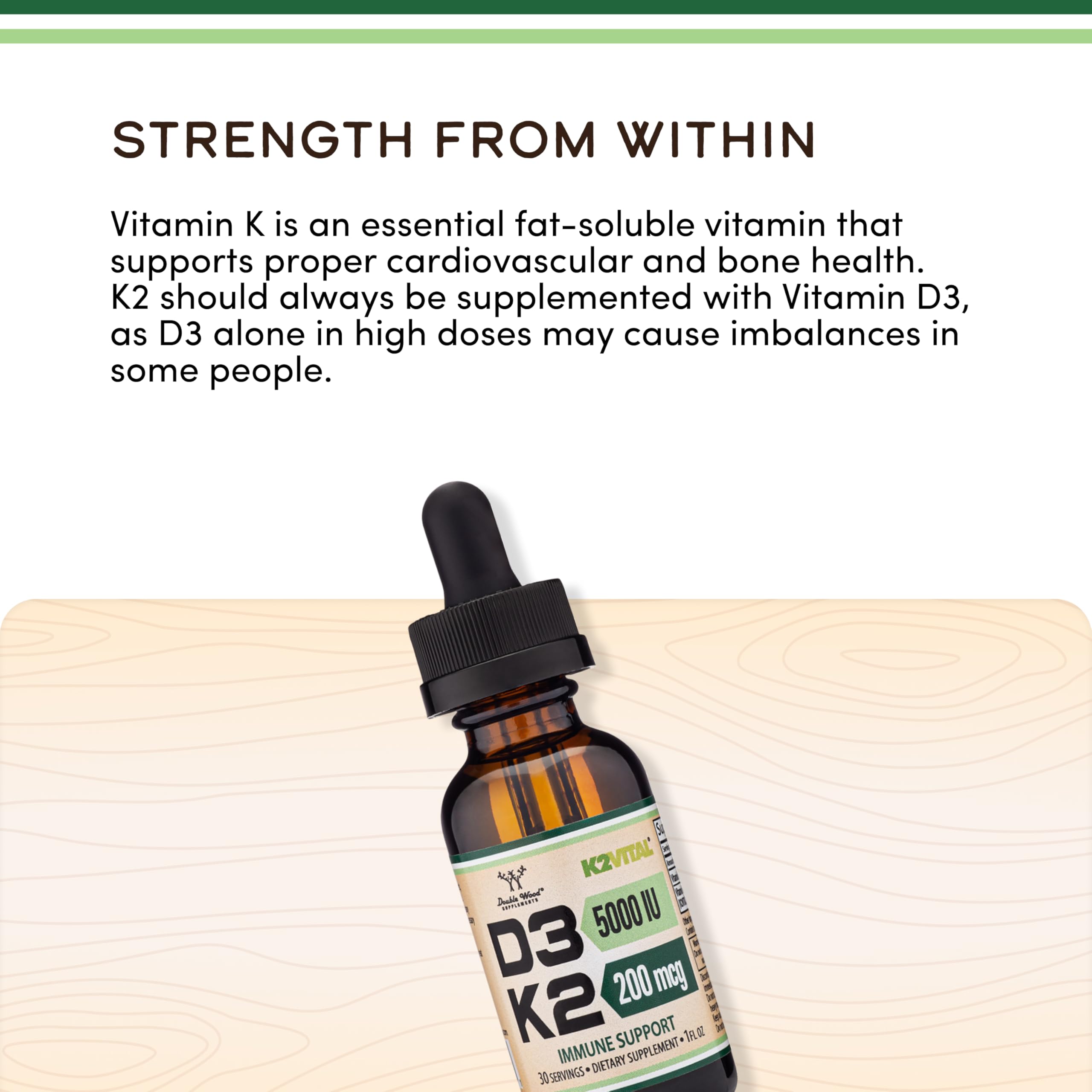 Label detail showing K2Vital All-Trans K2MK-7 on Double Wood bottle