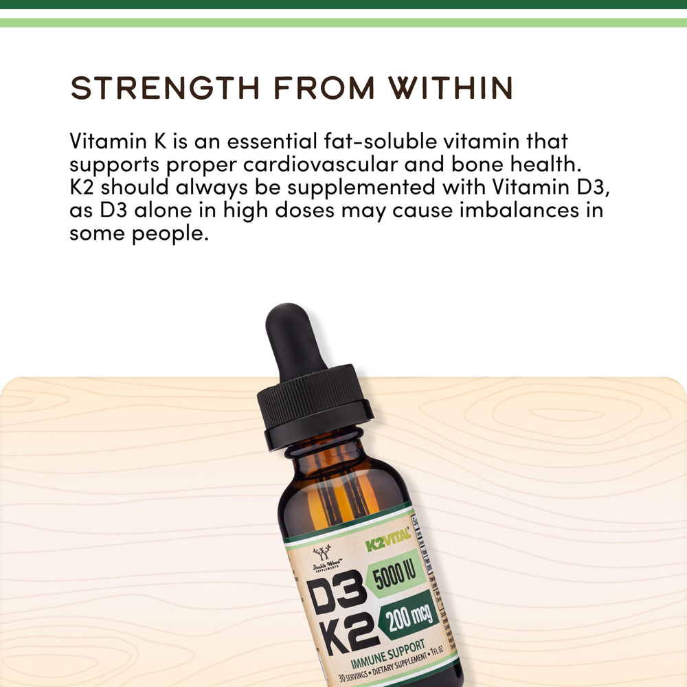 Label detail showing K2Vital All-Trans K2MK-7 on Double Wood bottle