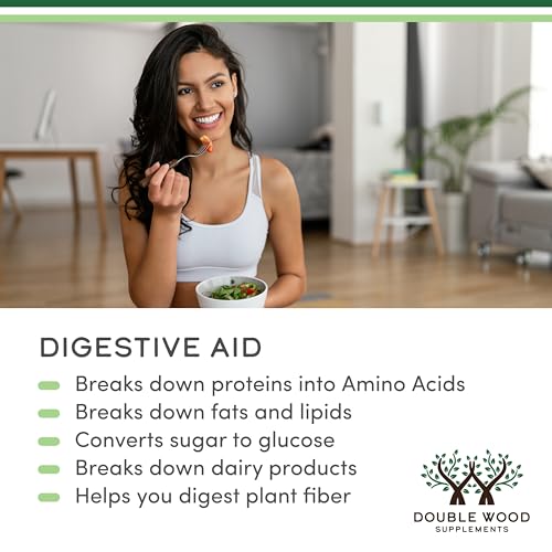 Double Wood Digestive Enzymes ingredients list featuring key enzymes like amylase and protease.