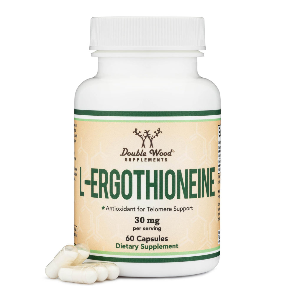 Double Wood Ergothioneine 30mg capsules close-up, vegan-friendly antioxidant support for healthy aging.