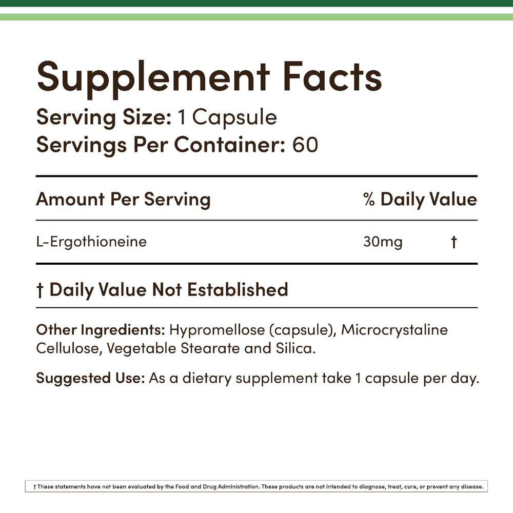 Double Wood Ergothioneine bottle front view, convenient two-month supply for daily antioxidant support.