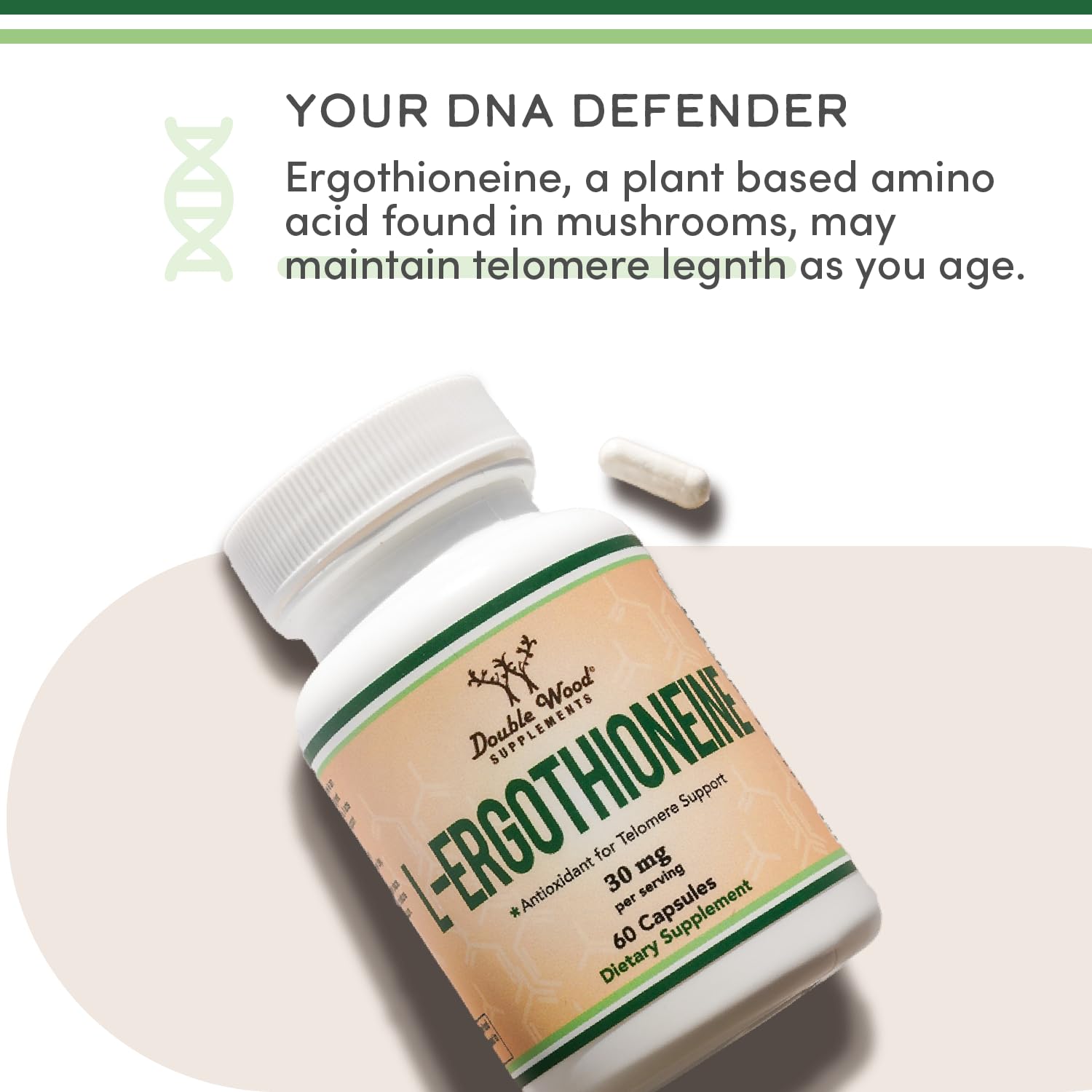 Double Wood Ergothioneine capsules in bottle, easy daily routine for wellness.