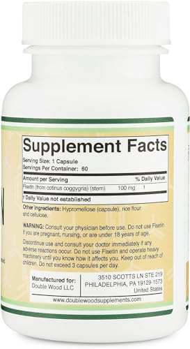 Double Wood Fisetin label emphasizes quality and gluten free, non GMO certification.