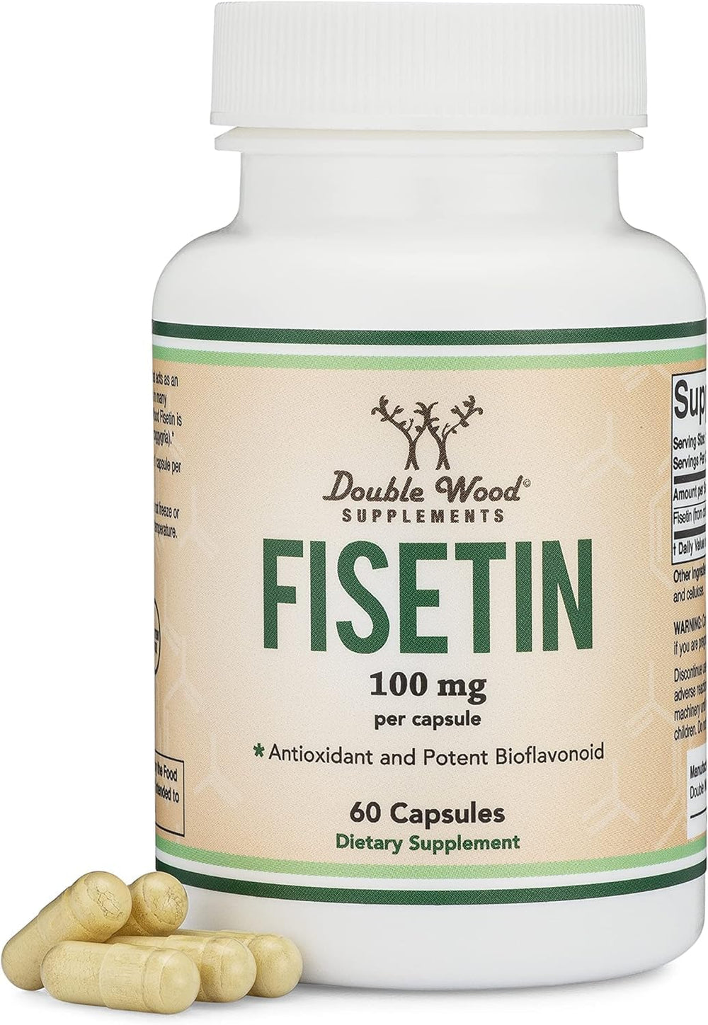 Double Wood Fisetin packaging closeup signals premium quality and care.