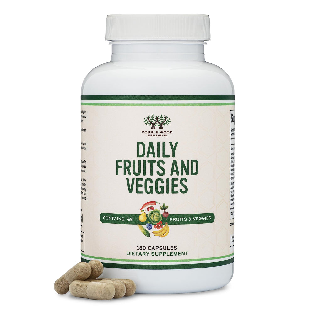 Double Wood Fruits and Veggies Daily Blend on kitchen shelf for easy daily use