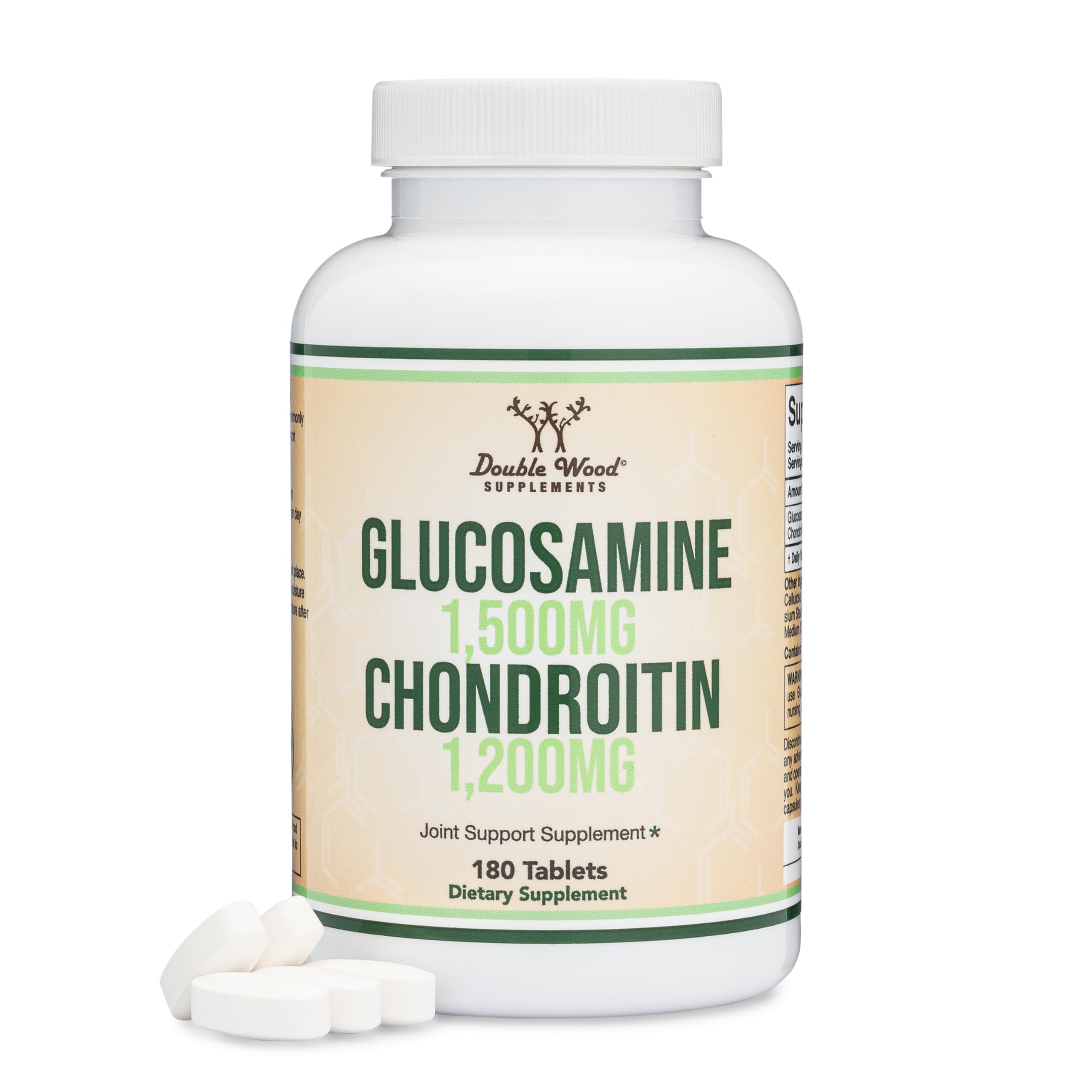 Double Wood Glucosamine Chondroitin bottle close-up for potential joint support and mobility