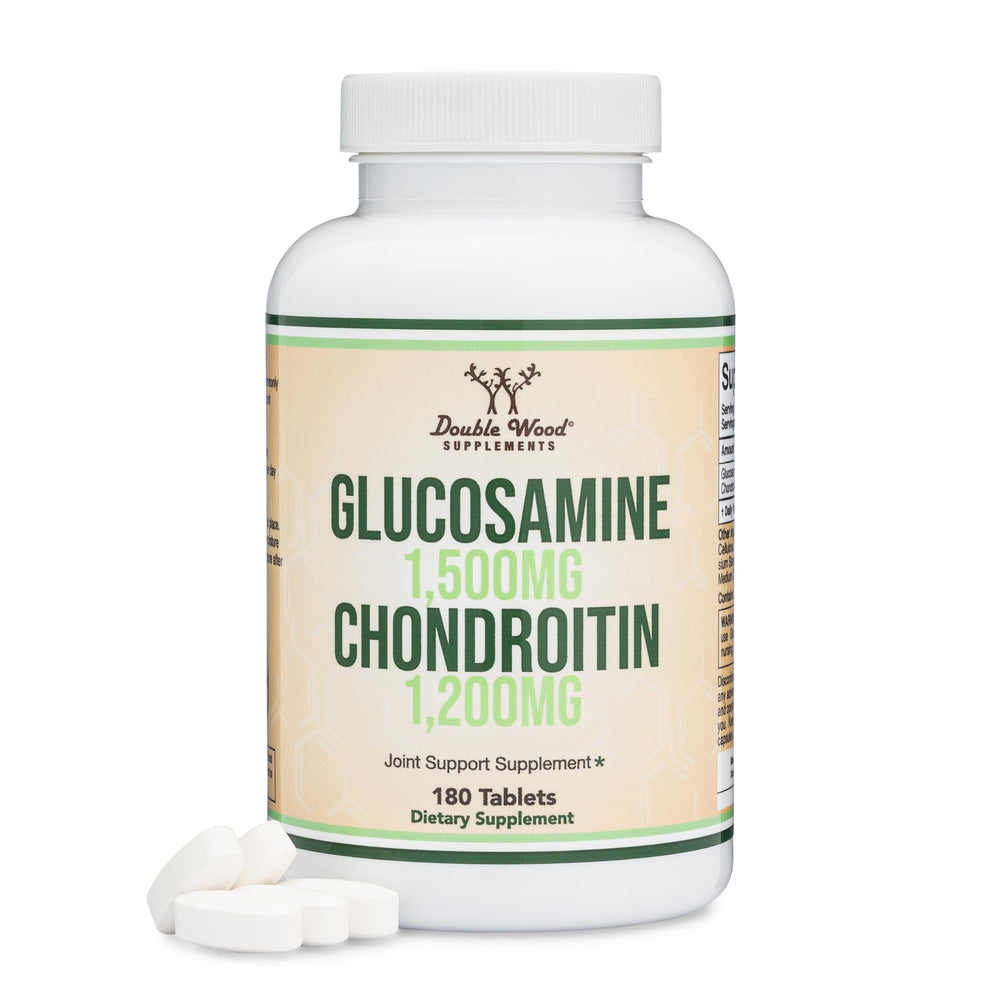 Double Wood Glucosamine Chondroitin bottle close-up for potential joint support and mobility