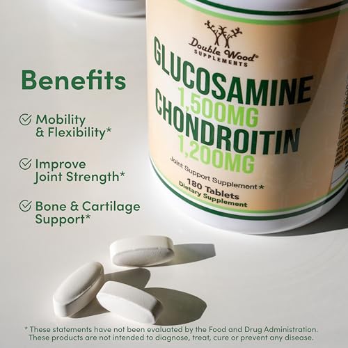 Product label shows 1500mg glucosamine and 1200mg chondroitin on the packaging
