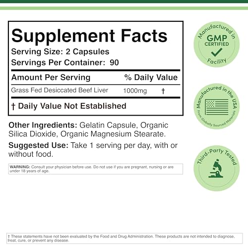 Double Wood Grass Fed Beef Liver Capsules bottle side showing 1000 mg per serving