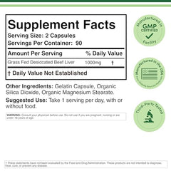 Double Wood Grass Fed Beef Liver Capsules bottle side showing 1000 mg per serving