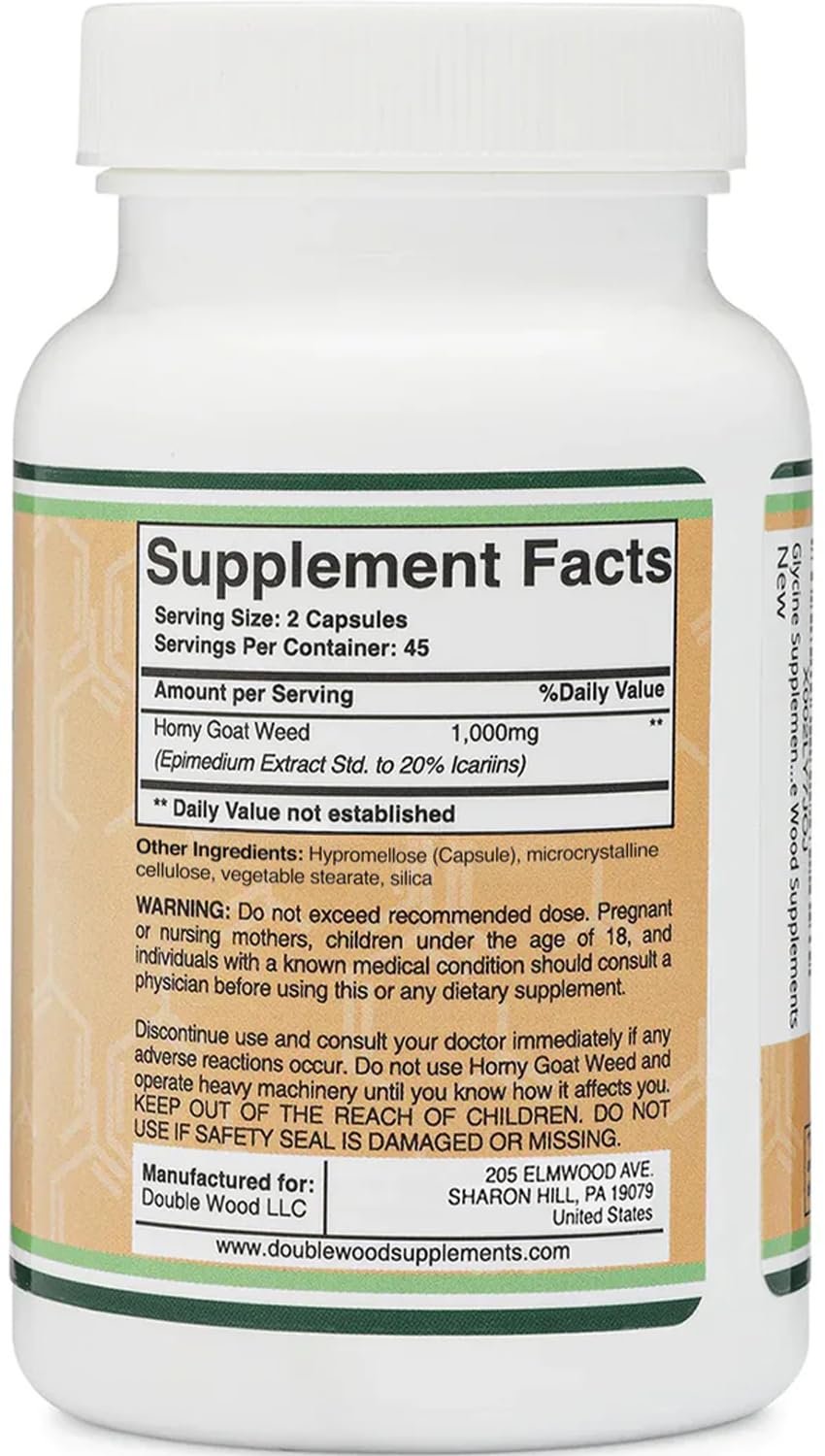 Close-up of Double Wood Horny Goat Weed label highlighting 20% icariins extract