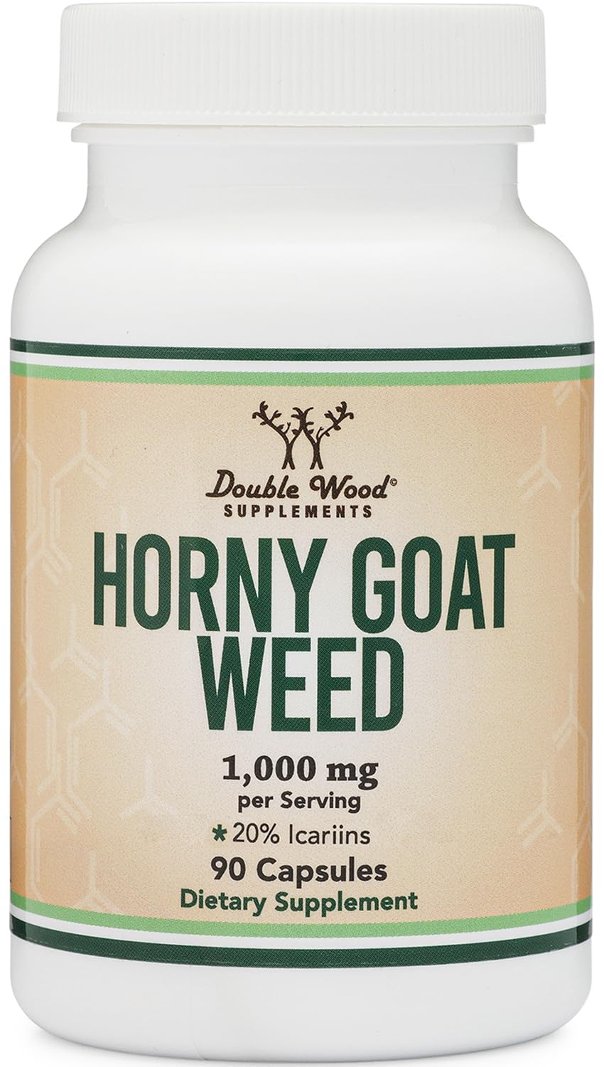 Double Wood Horny Goat Weed packaging indicating USA-made, non-GMO and gluten-free