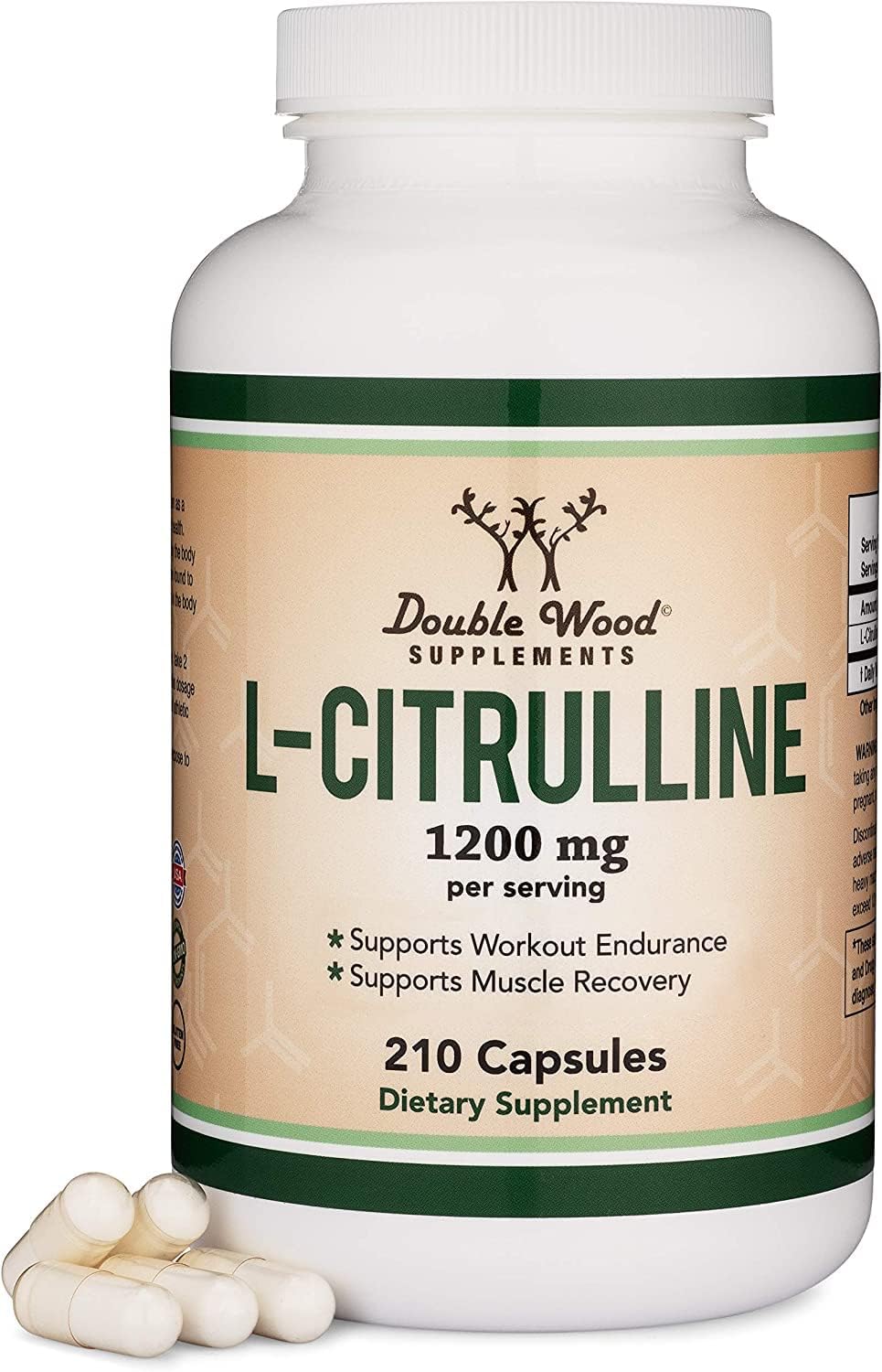 Double Wood L-Citrulline bottle front shows 1,200 mg serving label for workouts
