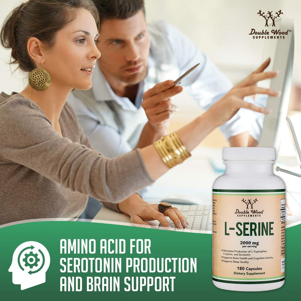 Double Wood L-Serine bottle on desk supports at-home wellness routines